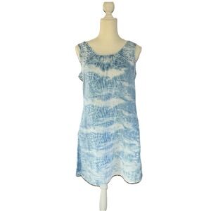 Malvin I Love Linen Blue White Casual Shift Dress Embroidered Modest Bust 38"